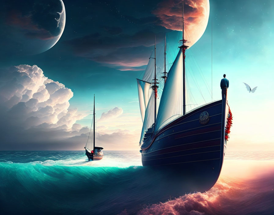 Luminous ocean with sailing ships, surreal sky, moon, clouds, and planets.