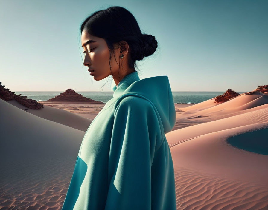 Woman in Blue Outfit Contemplating in Desert Landscape