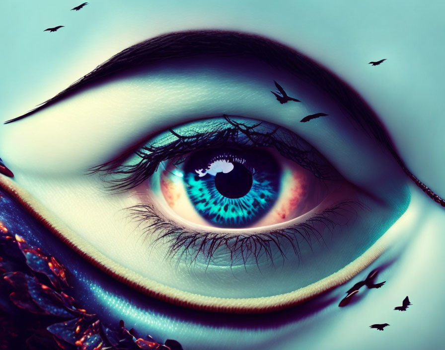 Close-up of vibrant blue eye with bird silhouettes in reflection in surreal ambiance