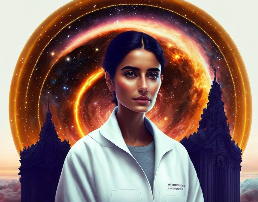 Dark-haired woman in white coat with cosmic halo on twilight sky background