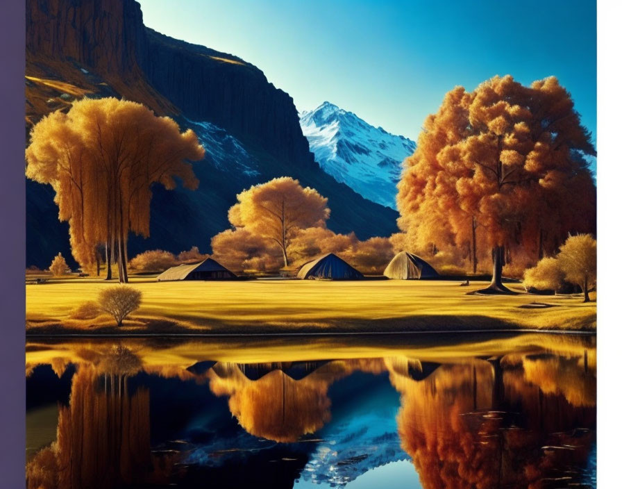 Scenic autumn landscape with golden trees, reflective lake, tents, and snowy mountains