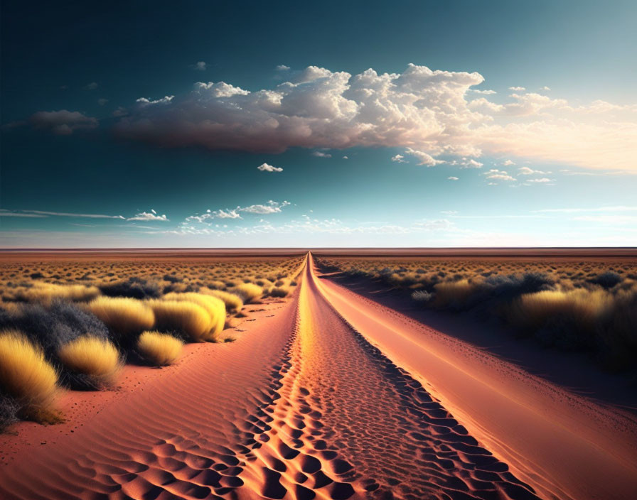 Golden sand dunes and straight road in serene desert landscape