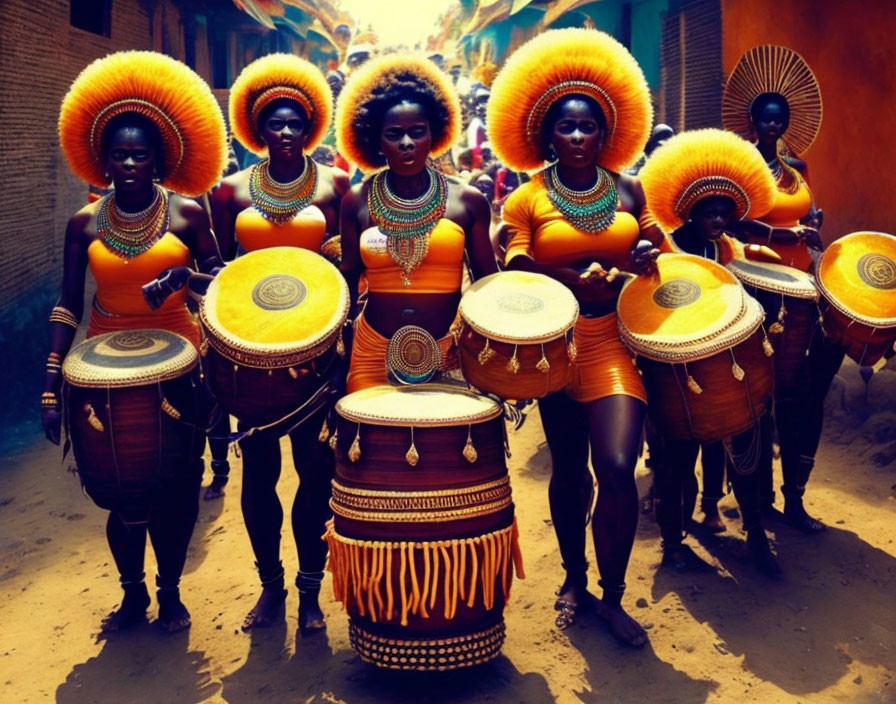 Vibrant women in orange costumes with feathered headdresses and drums in sunlit alley