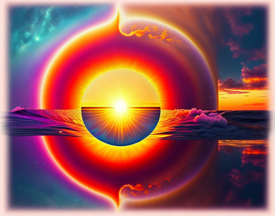 Vibrant surreal sunset with stylized sun and celestial patterns