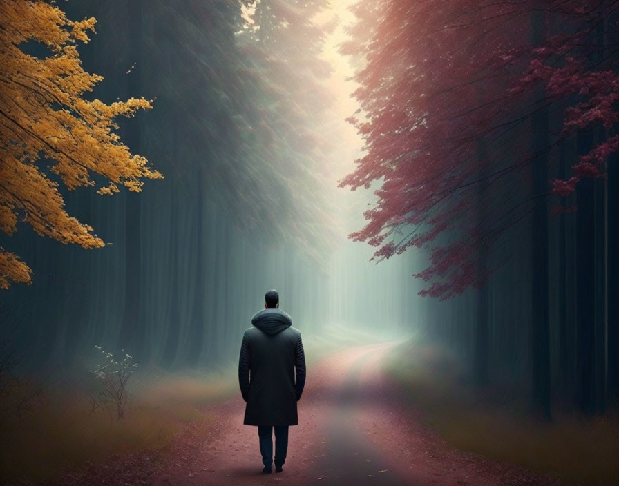 Person in coat walking on misty forest path under autumn trees