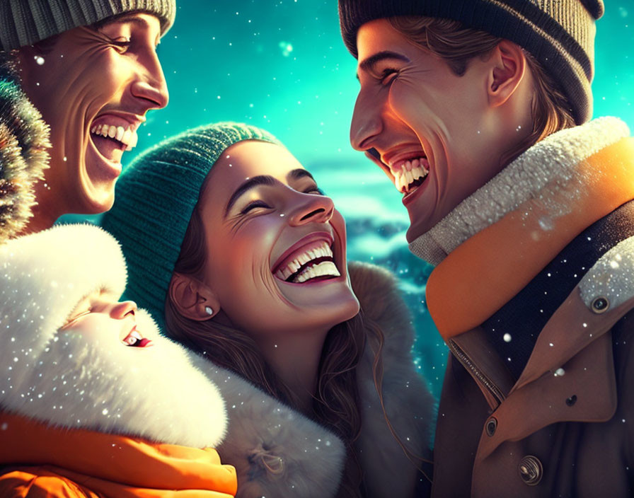 Three friends laughing under starry sky on snowy winter night