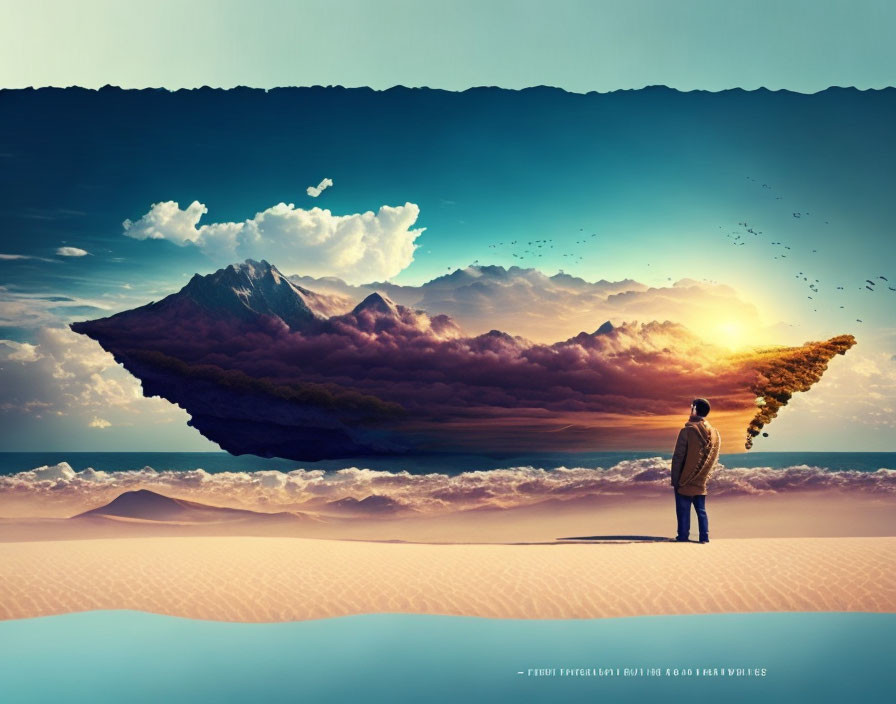 Person gazes at floating island with trees in desert sunset