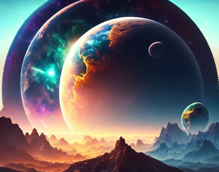 Colorful sci-fi landscape with planets, nebulas, and mountains