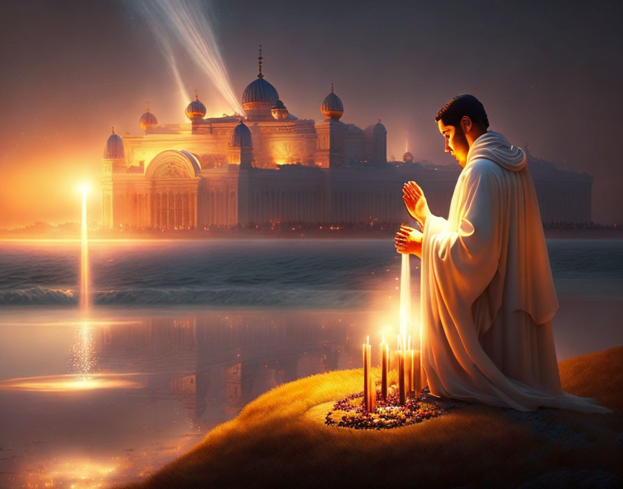 Person in white robes praying on sandy shore at dusk with grand palace across lit-up by beams of light