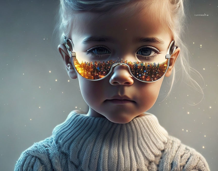 Young child with large round glasses in close-up urban setting