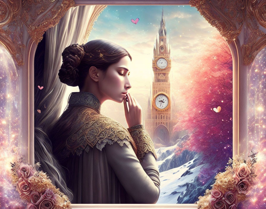 Woman gazing at Big Ben in magical scenery with floating hearts and floral elements