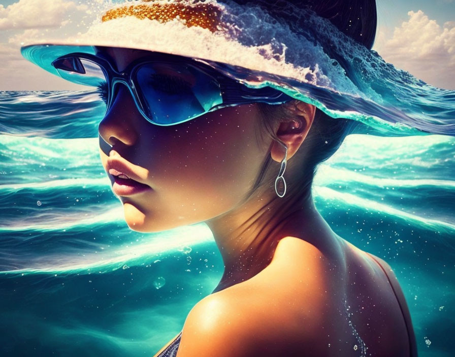 Woman in sunglasses and sunhat gazing at ocean under sunlight