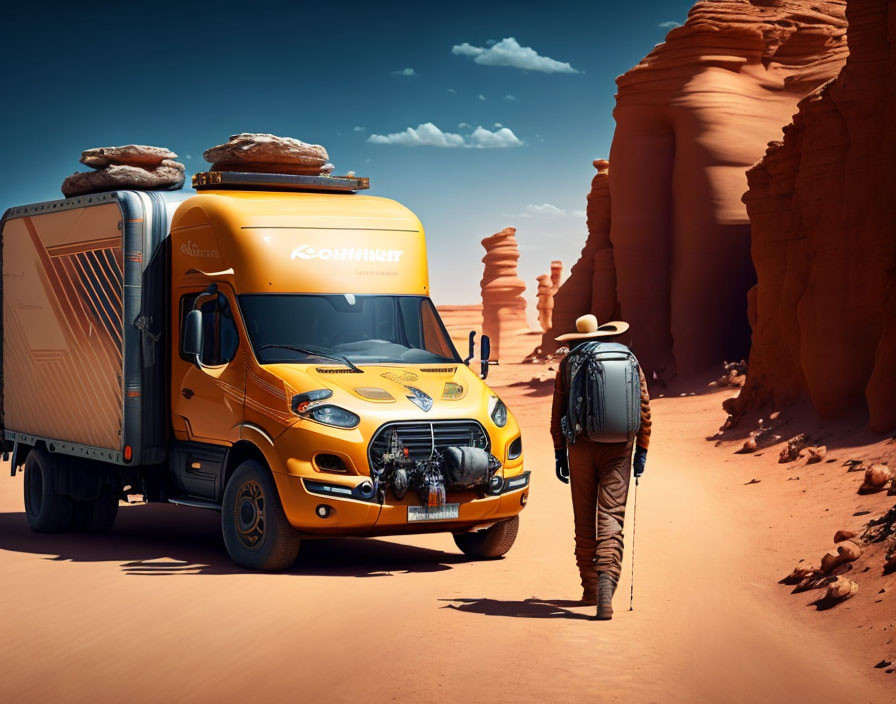 Cowboy walking next to yellow truck in desert with rock formations.