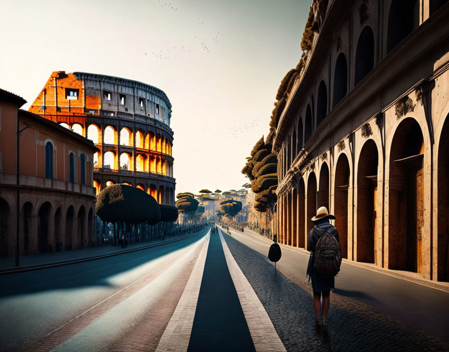 Backpacker walking to Colosseum with birds in Rome