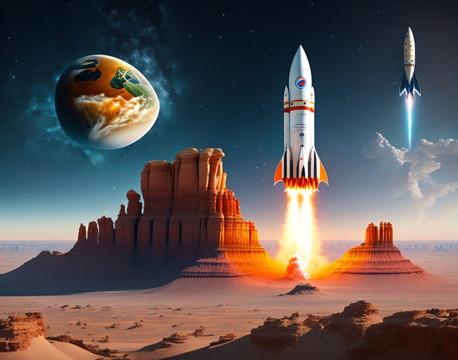 Digital Art: Two Rockets Launching from Earth Desert to Space