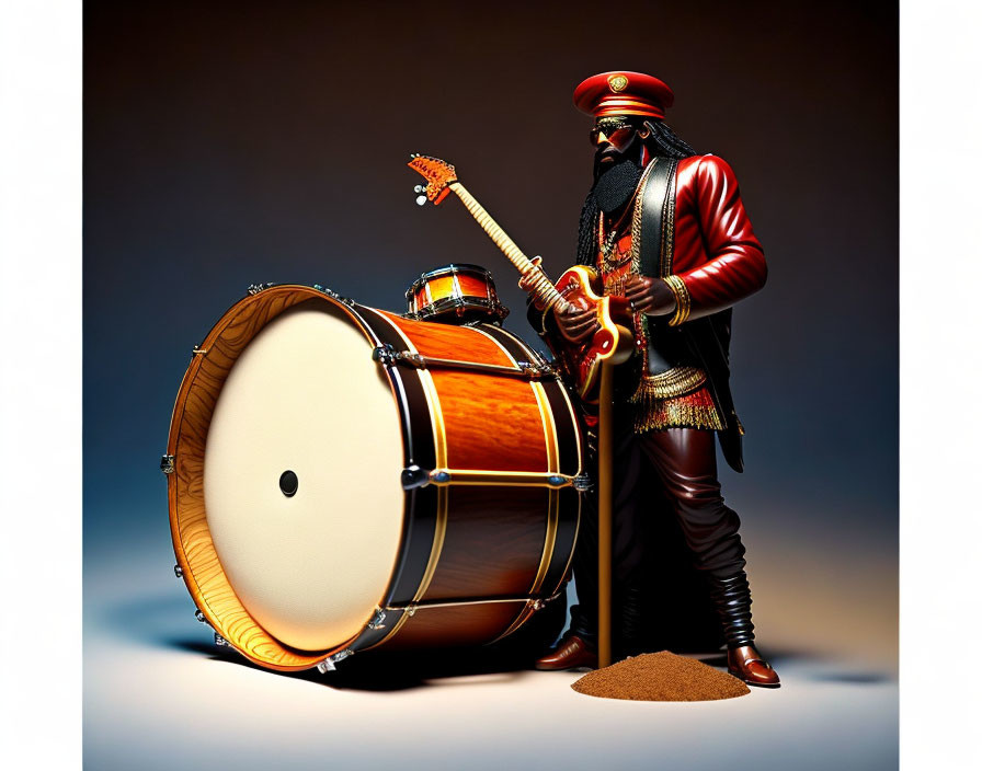 Stylized character in red military jacket with bass drum and guitar