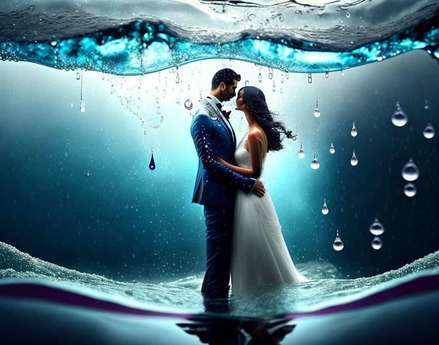 Underwater couple kissing with floating bubbles