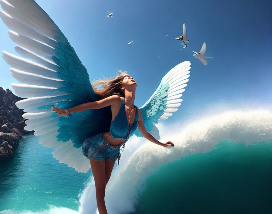 Woman with Large Blue Wings Standing on Wave with Birds in Clear Sky