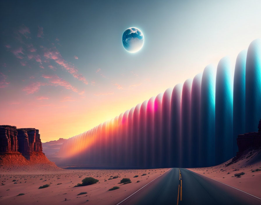 Desert road with colorful wave structures under surreal moon