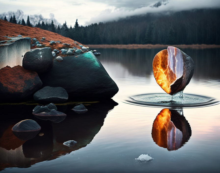 Split Rock Glowing in Serene Lake Scene