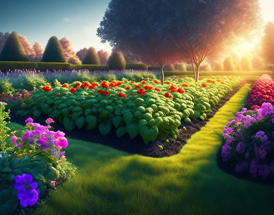 Lush garden with vibrant flowers, manicured hedges, and trees at sunset