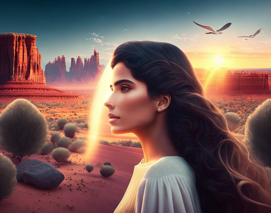 Digital artwork of woman with long hair in desert sunset