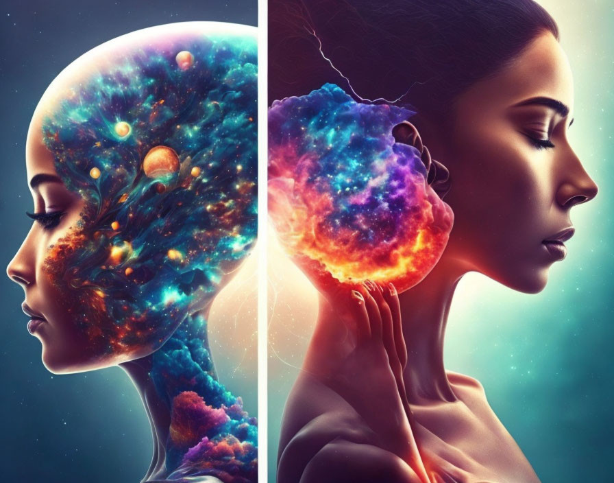 Colorful Cosmic Universe Theme in Two Profile Digital Art