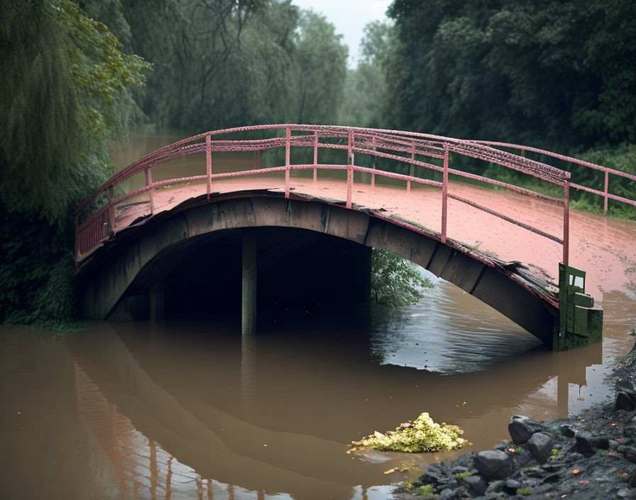 Red Arched Bridge Over River with Green Foliage on Misty Day