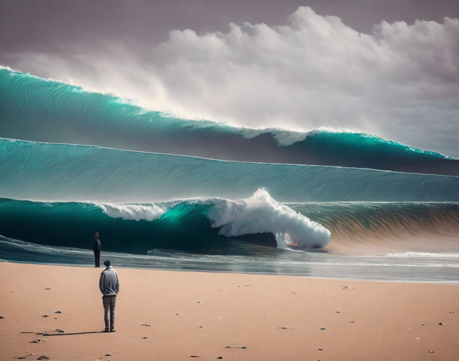 Person on sandy beach watching surreal turquoise waves under moody sky