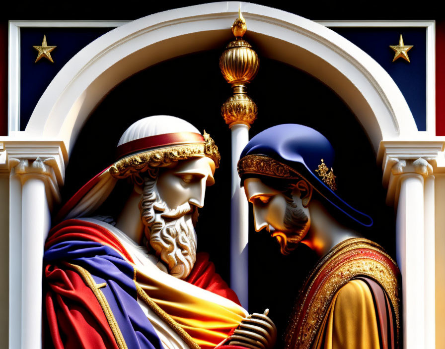 Stylized 3D biblical characters in ornate robes and crowns under decorative arch