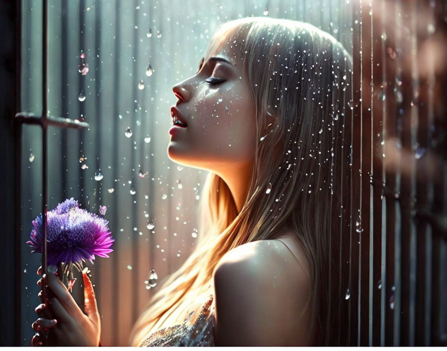 Woman holding purple flower in rain with closed eyes and sunlight.