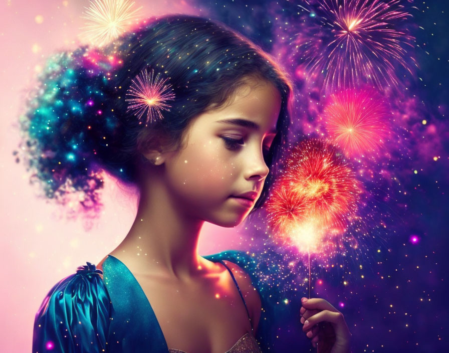 Girl with Sparkling Fireworks in Curly Hair and Glowing Dandelion in Cosmic Background