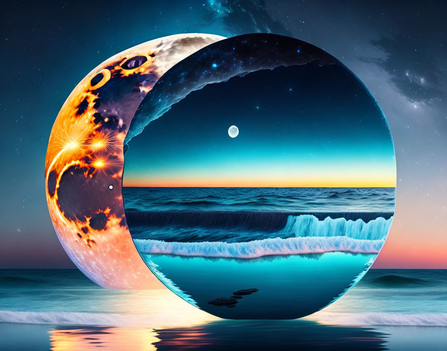 Surreal beach sunset with fiery moon in circular frame