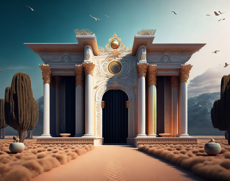 Ornate surreal palace with classical columns in desert landscape