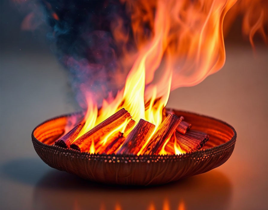 Flames and Smoke from Burning Sticks in Clay Bowl