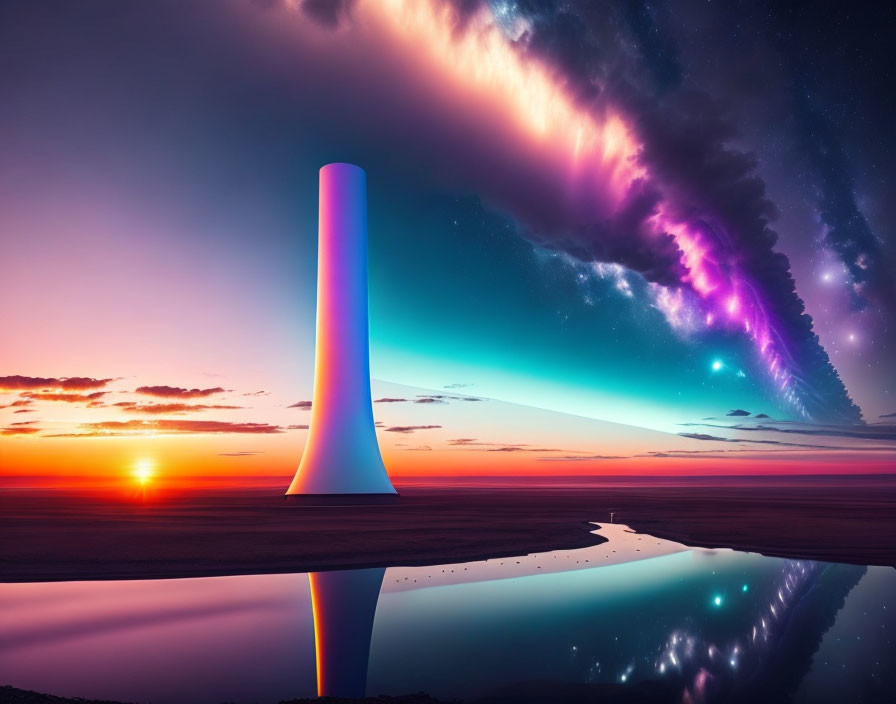 Futuristic obelisk glowing under vibrant twilight sky