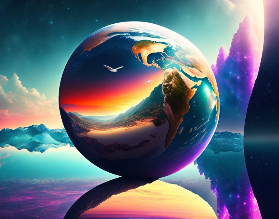 Colorful digital artwork of oversized surreal planet with landscapes and bird in flight