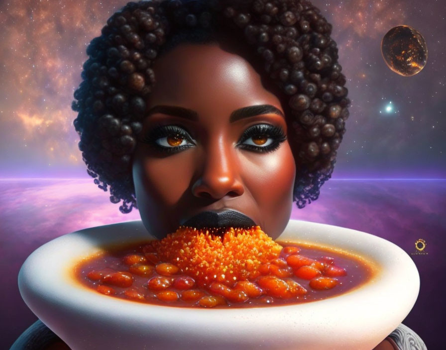 Digital artwork of woman with cosmic background eating vibrant orange food