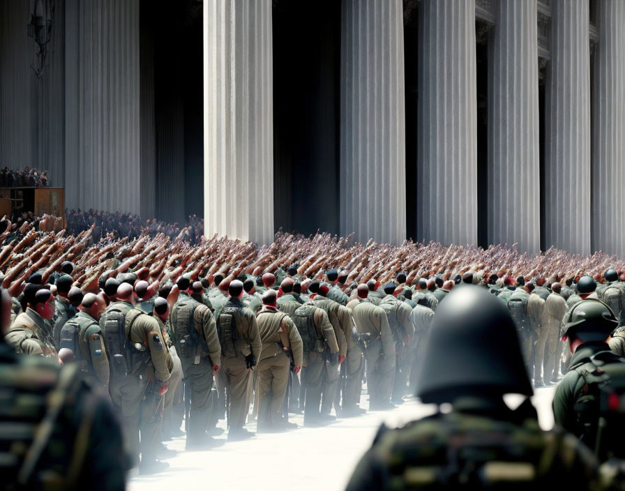 Military soldiers saluting at formal ceremony with tall pillars.