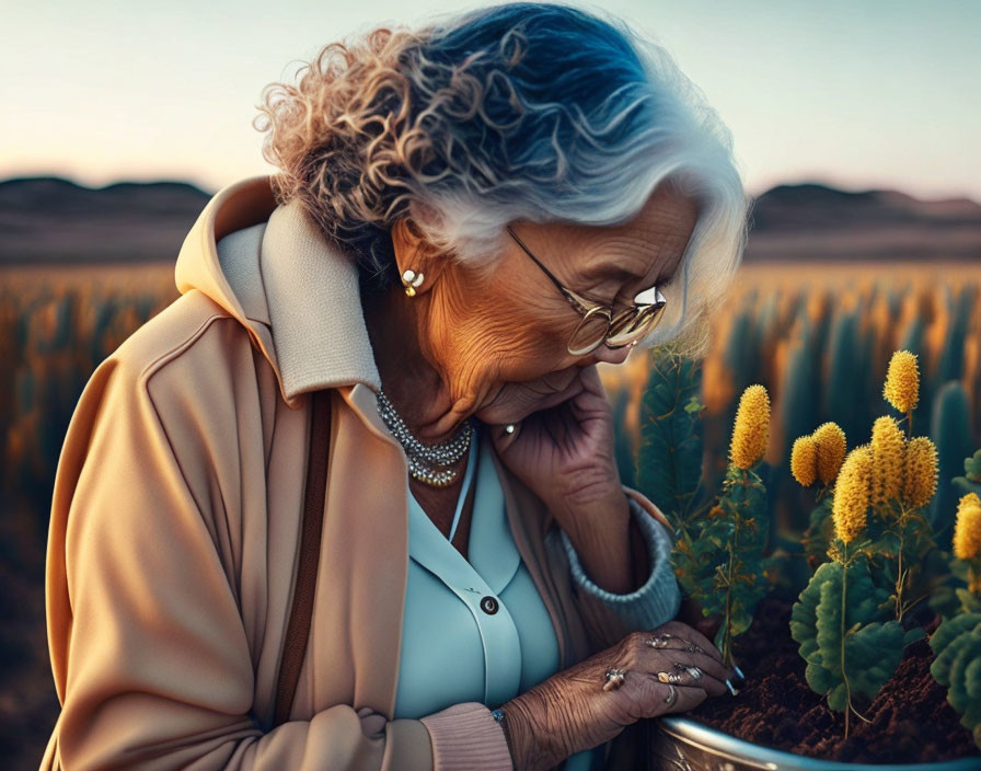 Elderly woman with glasses and curly hair holding a bucket in field at dusk