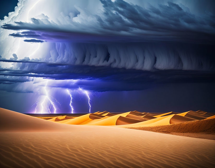 Dark storm clouds over desert with lightning strikes and sand dunes