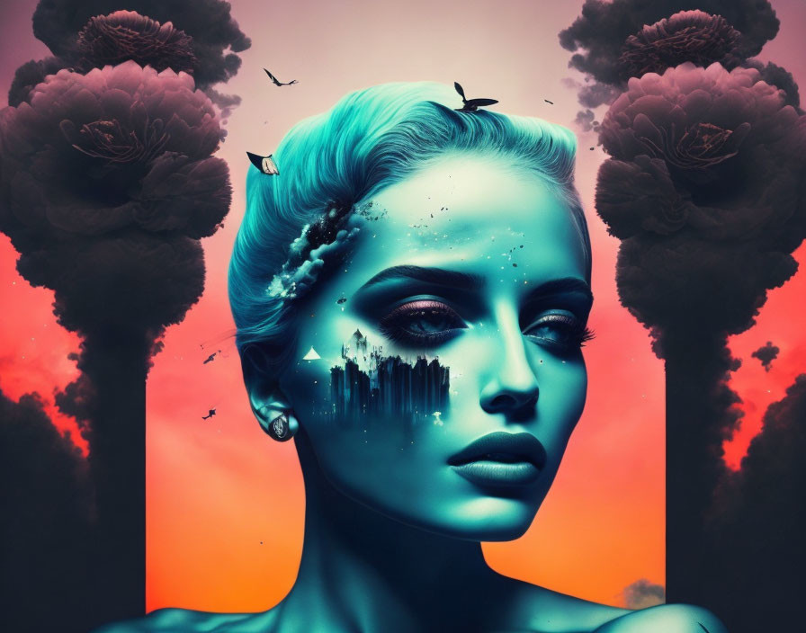 Blue-skinned woman with surreal cityscape inside head and pink clouds.