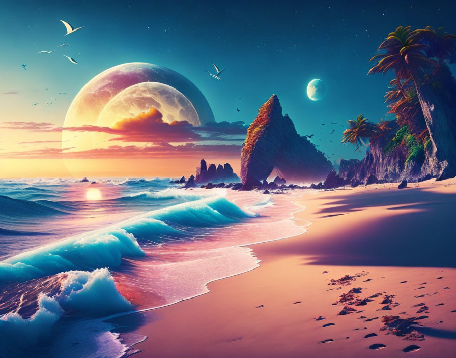 Tropical beach sunset with palm trees, moon, second planet, and birds