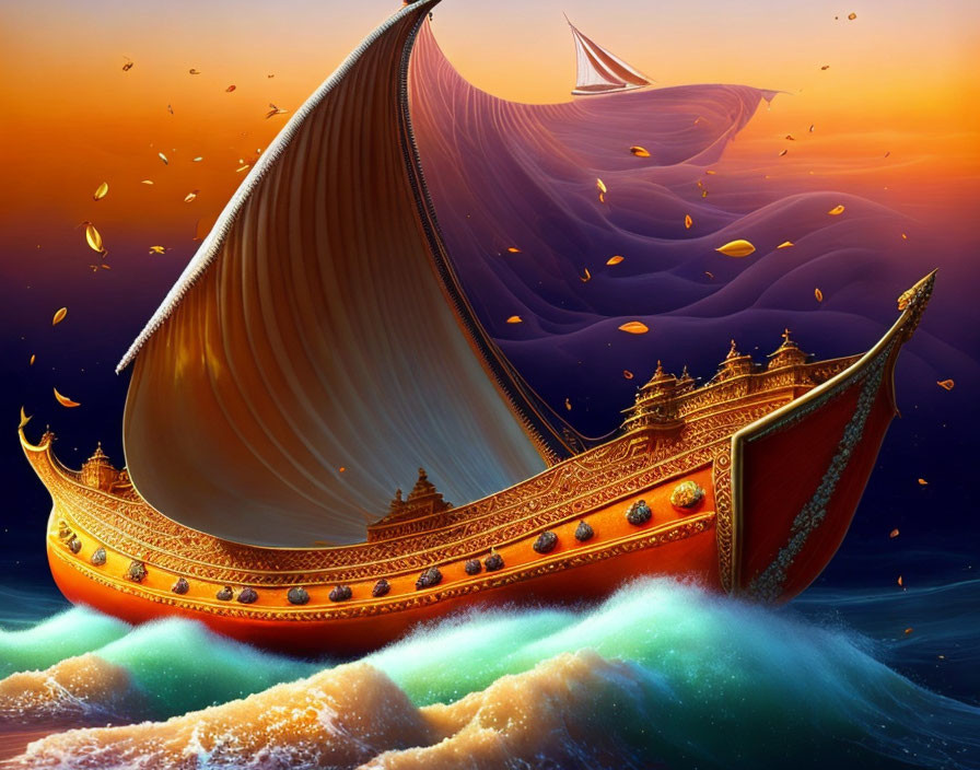 Exaggerated purple sail on ornate ship sailing vibrant waves