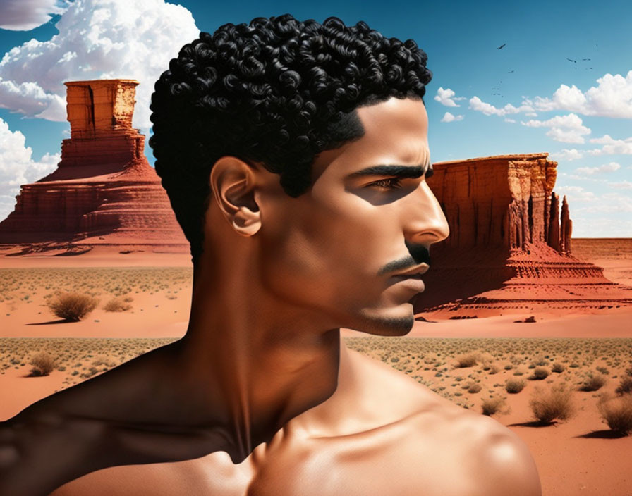 Man's profile merges with desert landscape in digital art portrait