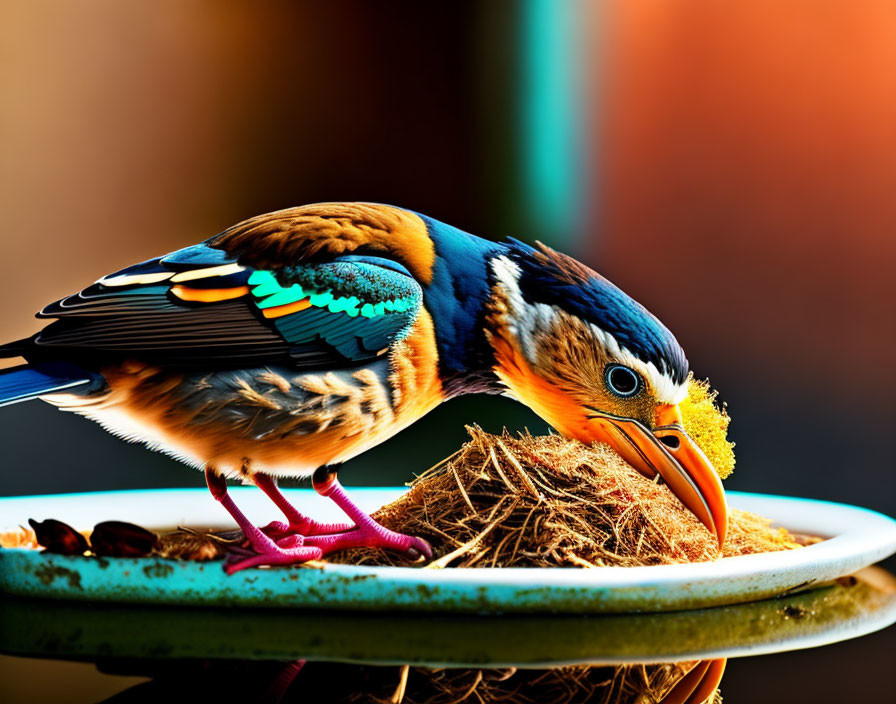 Colorful Bird with Intricate Feather Patterns Perched on Nest