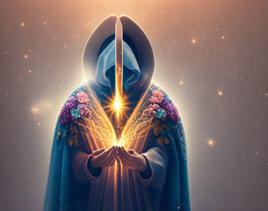 Hooded figure with glowing hands in floral cloak on starry background