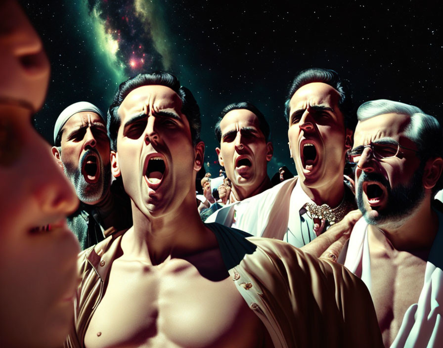 Men in suits with exaggerated expressions in cosmic background illustration