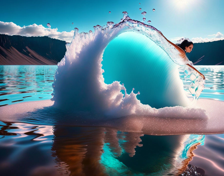 Large water splash wave framing person against blue lake & mountains