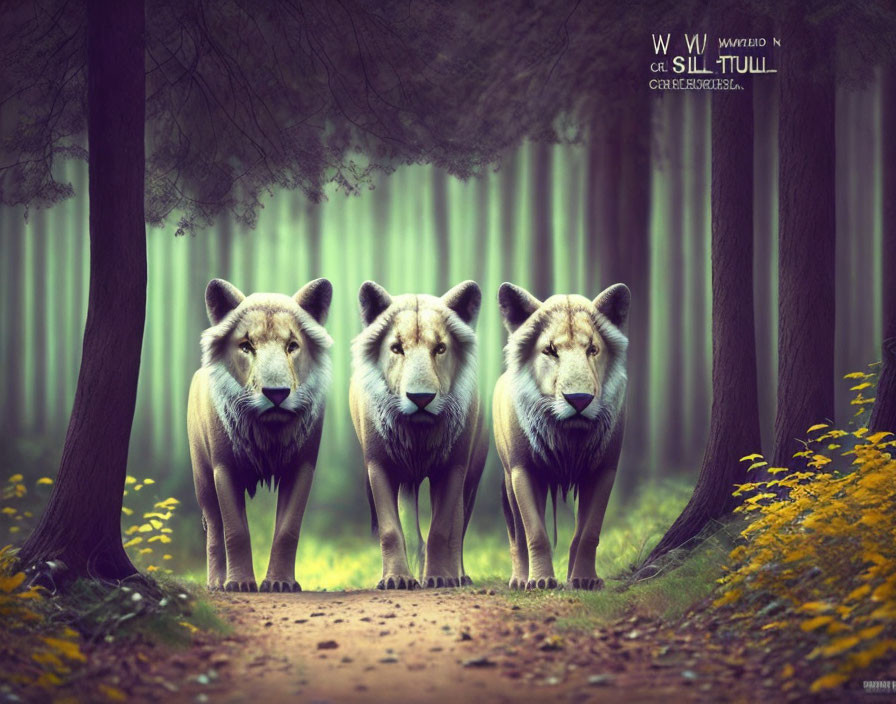 Three wolves in mystical forest setting with tall trees and footpath